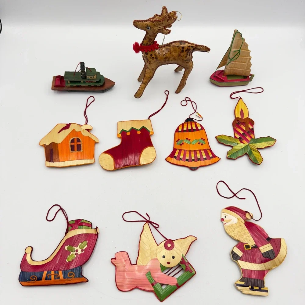 Vintage Straw Wood‎ Christmas Ornaments Set 10 Reindeer Santa Angel Folk Art
